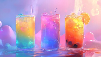 Three Colorful Iced Drinks with Pastel Background