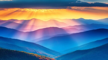 Obraz premium Majestic Sunset Over Blue and Purple Mountain Ranges