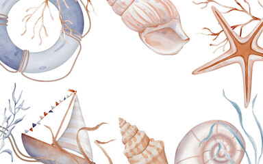Obraz premium Underwater rectangular frame with Corals, Seaweeds and Seashells. Hand drawn watercolor illustration Sea boat and lifebuoy and star for sea or summer design in light orange and pastel blue colors.