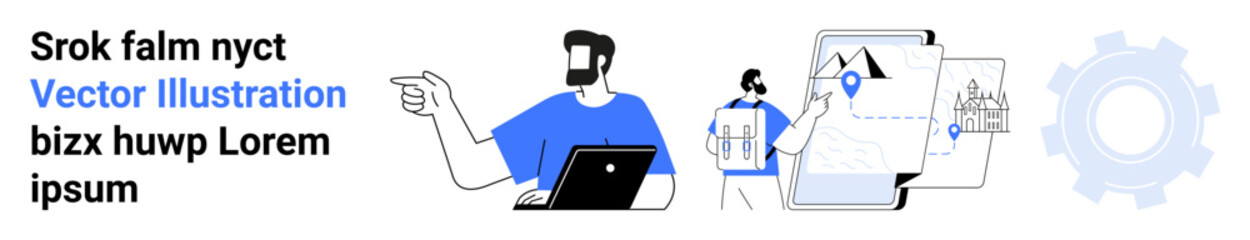 Man with a laptop pointing toward analytics screen, charts, and map pins, with a gear representing optimization. Ideal for business, data visualization, workflow, teamwork, analytics technology