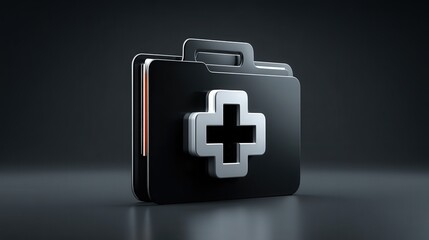 Obraz premium Black medical folder with silver cross symbol on dark background