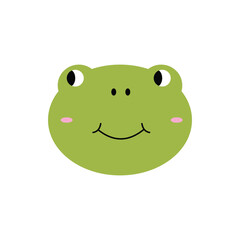 Cute green cartoon frog face with a big smile and blushing cheeks, perfect for children's designs, educational materials, stickers, and playful creative projects.