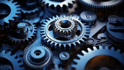 Metal Gears and Cogs Interlocked Arrangement, Industrial Mechanical Engineering Blue Tint