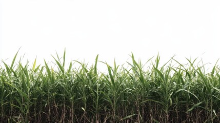 Lush green sugarcane plants fill the frame against a bright white background. Ideal as a border, texture, or for designs related to agriculture.