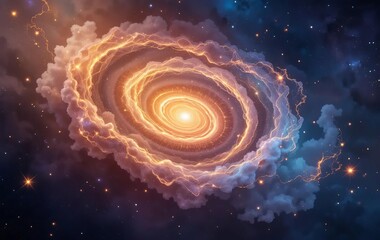 An abstract illustration of a galaxy with colorful nebula and gold spiral lights