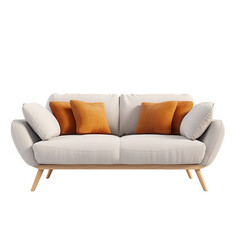 a modern. stylish two-seater sofa featuring a light fabric with four orange accent pillows. complemented by wooden legs. designed for comfort and aesthetic appeal in contemporary living spaces