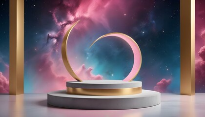 A celestial golden arch graces a minimalist stage, set against a vibrant nebula backdrop.