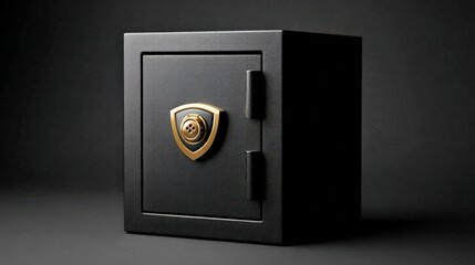 Black Safe with Gold Shield Lock on Dark Background for Security