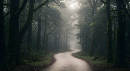 Fototapeta premium Misty Forest Road Leads Through Ancient Woodland During a Foggy Morning