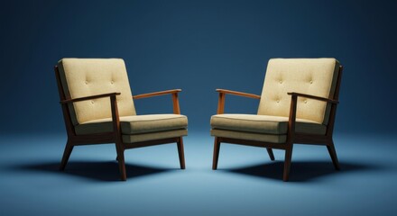 Two mid century modern armchairs against blue gradient background