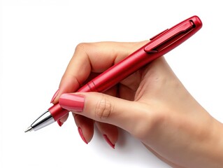 Female hand with red nail polish holding a red pen on white background