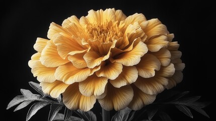 Vibrant yellow marigold with intricate petals against dramatic black background