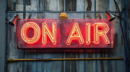 Red Neon 'On Air' Sign on Rusty Metal Wall