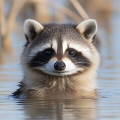 Cute raccoon in water.  Close-up of a young raccoon, appearing happy and relaxed,  floating in tranquil water.  Natural light highlights its fur and face