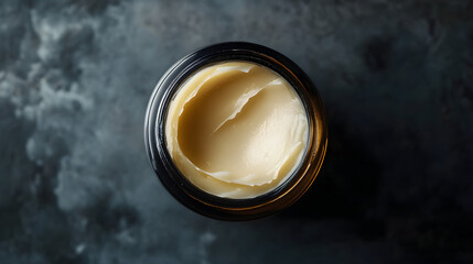 Realistic, Ultra HD top-view shot of a luxury cleansing balm jar, with a rich, creamy texture, on a dark chic background