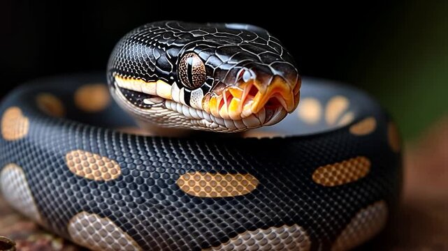 Close-up video shot of a ball python snake featuring detailed scales texture with black orange and brown colors coiled against a dark background with selective focus