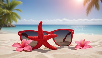 Red sunglasses and starfish with pink flowers on a sandy beach under the sun.