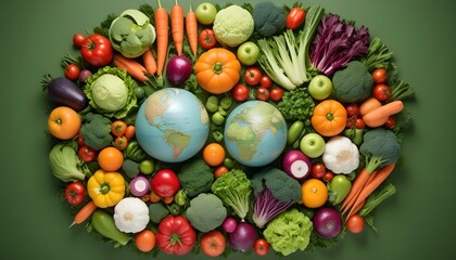 A colorful assortment of fresh vegetables and fruits forming a globe-themed arrangement.