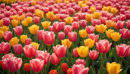 Fototapeta premium A field of vibrant red and yellow tulips creates a beautiful spring scene under sunlight.