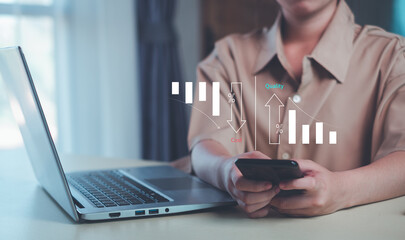 Business showing cost with down arrow and quality with up arrow and improvement quality of product and service.Quality control.