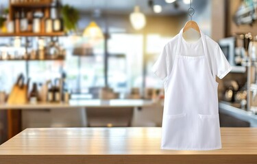 White apron hanging, cafe background