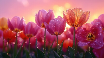 Naklejka premium Dewkissed tulips at sunrise: vibrant spring blooms in a dreamy dawn light