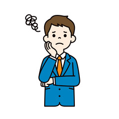 顔に手を当てて悩む、スーツを着た若い男性のベクターイラスト素材＿線幅の編集可能＿カラー