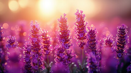 Fototapeta premium Sunlit lavender field at dawn with dewkissed blossoms in full bloom