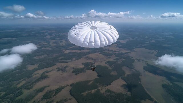 Aerial view of white parachute skydiving