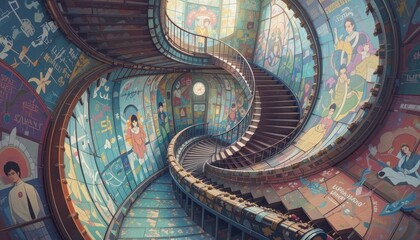 Whimsical Spiral Staircase Mural A Dynamic Illustration of Ascending Art