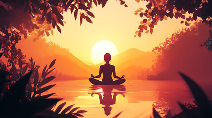 Serene meditation at sunset by tranquil lake.