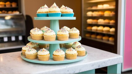A Delightful Display of Cupcakes: Three Tiers of Vanilla Treats Topped with Creamy Frosting and Colorful Sprinkles, Perfect for a Sweet Celebration.