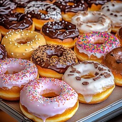 Sweet and Colorful Donuts with Chocolate, Icing, and Sprinkles, Tempting Dessert Display