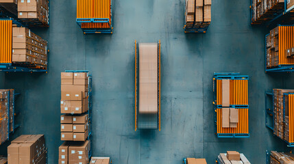 Aerial view of a warehouse filled with neatly stacked boxes on pallets, showcasing an organized inventory and efficient storage layout.