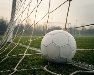 Naklejka premium Soccer Ball in Net on Field After Game or Practice