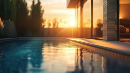 Fototapeta premium Swimming pool next to modern house at golden hour sunset. It can illustrate luxury, summer vacation, and relaxation concepts.