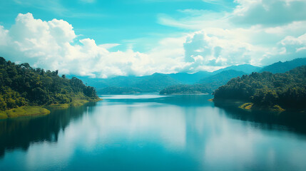 Obraz premium Serene Tropical Lake Landscape Calm Water Mountains Cloudscape Nature Scenery