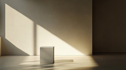 Fototapeta premium Neutral Beige Room with Stone Cube and Sunlight