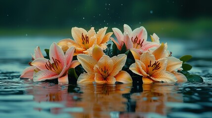 Serene orange lilies floating on tranquil water surface with droplets
