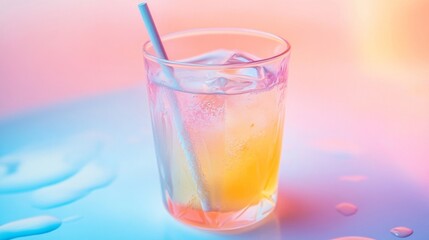 Closeup of a Yellow Cocktail with Ice in a Glass on Colorful Background