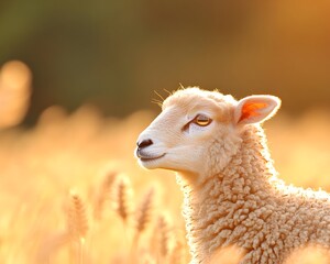 Obraz premium A young lamb, light cream colored, stands in a field of golden wheat, bathed in warm sunset light
