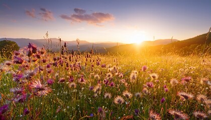 Naklejka premium Sunset Mountain Meadow Wildflowers Golden Hour Nature Landscape Scenery