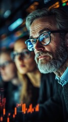 Fototapeta premium Mature caucasian male analyzing stock market trends with team in high-tech environment