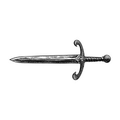 Sword sketch engraving black and white outline. Scratch board imitation.