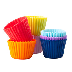 A set of colorful silicone cupcake molds, isolated on transparent background 