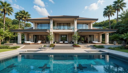 Fototapeta premium Luxury Villa Contemporary Design, Landscaped Gardens, and Infinity Pool