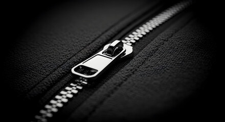 Silver Zipper Against Black Fabric Macro Shot Showing Intricate Texture Details