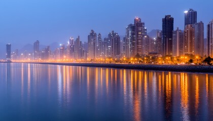 Fototapeta premium City skyline at twilight, lights reflecting on calm water, hazy mountains in background