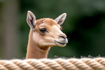Obraz premium Close-up of a light brown camelid's head and neck, peeking over a thick rope barrier against a blurred green background