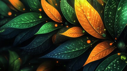 Obraz premium Glowing Green and Orange Leaves Abstract Background